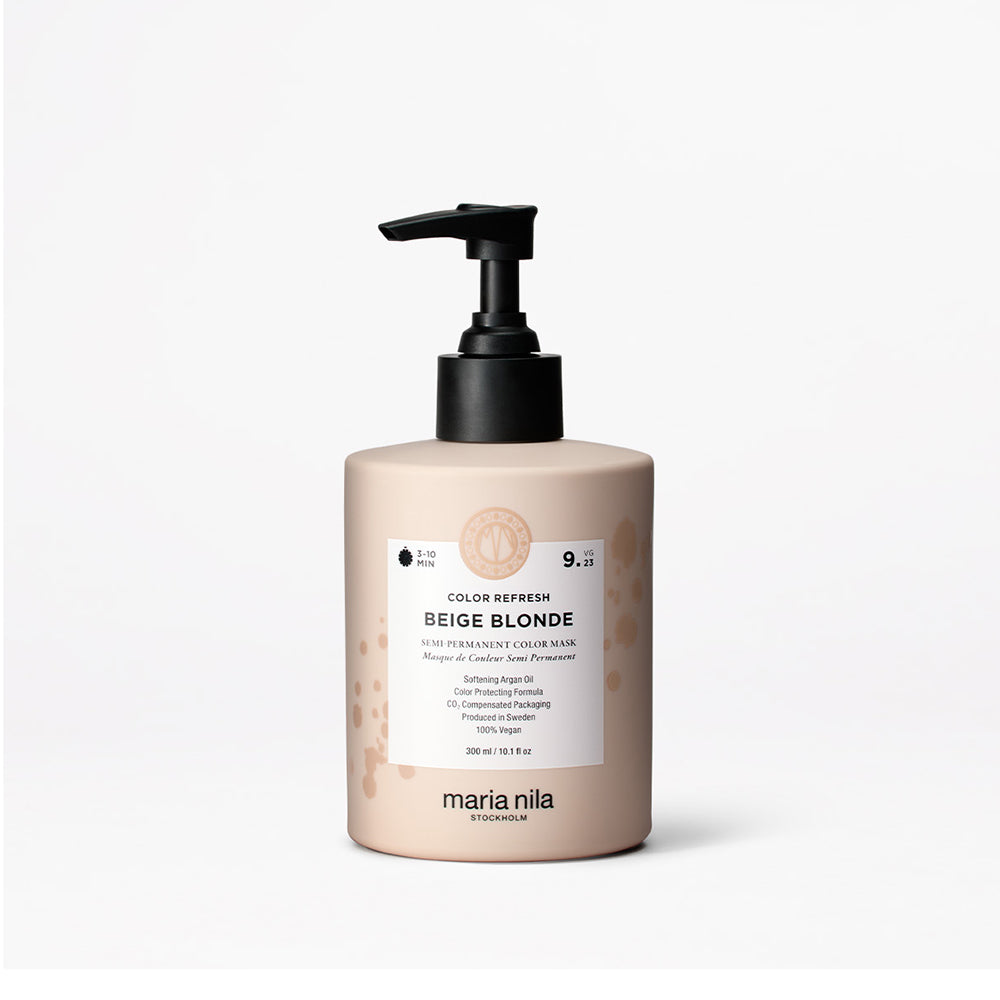 Maria Nila hair color refresh beige blonde bottle with pump on a white background