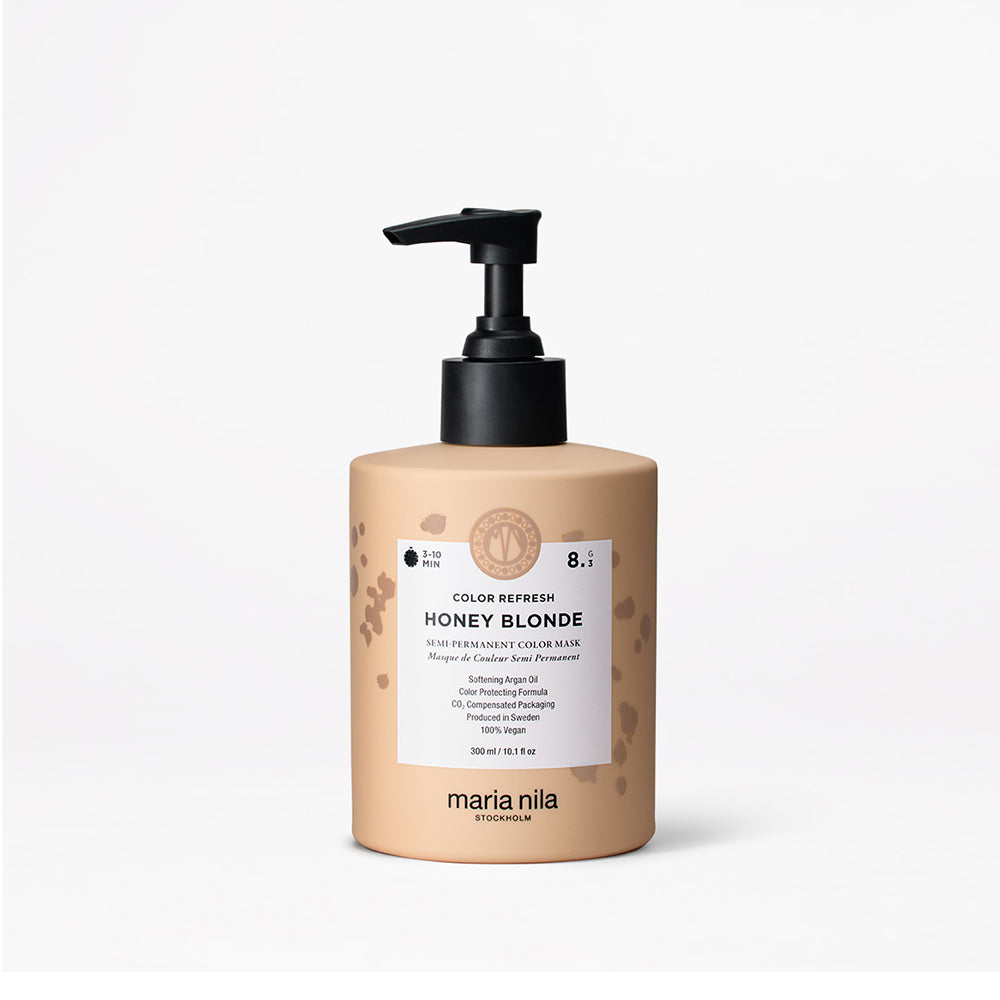 Maria Nila color refresh honey blonde bottle with pump on a white background